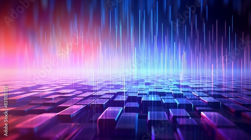 Futuristic digital landscape with vibrant neon lights and 3D grid. Abstract technological background illustrating innovation and data flow. photo