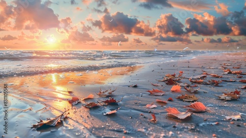 Autumn beach scene with pastel sunset and leaves scattered on the sand.