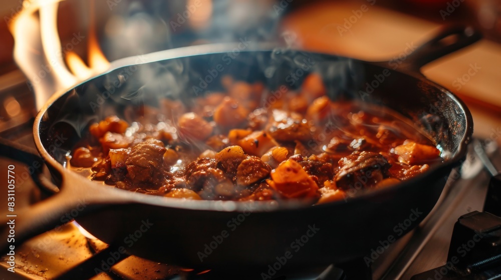 Close-up of a cast iron skillet on a stovetop, with a hearty stew bubbling inside, emphasizing the durability and versatility of cast iron cookware Close-up of a cast iron skillet on a stovetop, with a hearty stew bubbling inside, emphasizing the durability and versatility of cast iron cookware