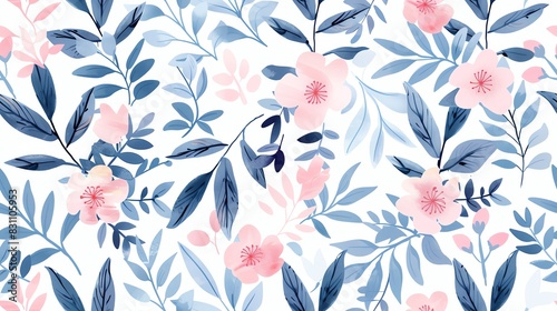 Soft pastel seamless pattern of flat watercolor blooming flowers and leafy vines, showcasing a tranquil and elegant design