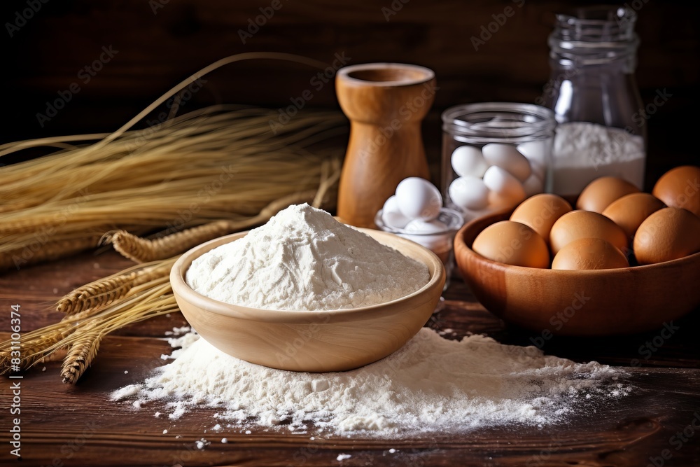 Ingredients for baking including a bowl of flour, eggs, a glass jar of sugar, and wheat on a rustic wooden table. Ingredients for baking including a bowl of flour, eggs, a glass jar of sugar, and wheat on a rustic wooden table.