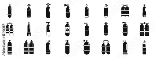 Diving cylinders icons set vector. A collection of black and white icons of various types of gas cylinders. The collection includes a variety of shapes and sizes, such as a cylinder with a red and