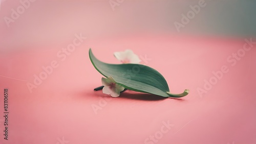 A green leave laying underneath a pink background with a flower