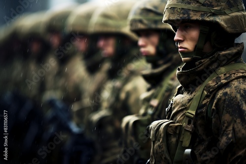 Line of soldiers in uniform standing in formation, focused and determined, ready for duty. Military readiness, discipline, teamwork. photo