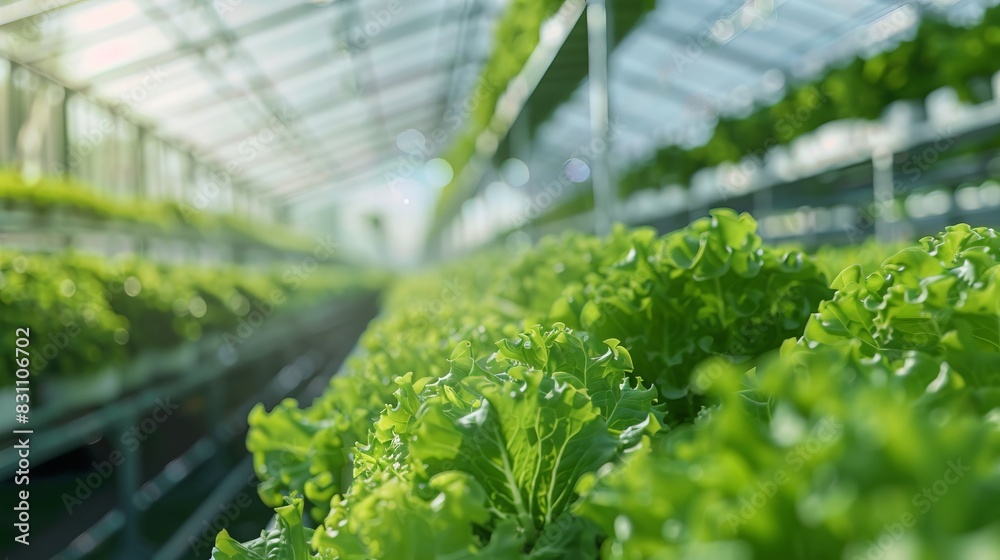 Lush green lettuce growing in a modern greenhouse with ample sunlight, showcasing sustainable agriculture practices and advanced technology. Lush green lettuce growing in a modern greenhouse with ample sunlight, showcasing sustainable agriculture practices and advanced technology.