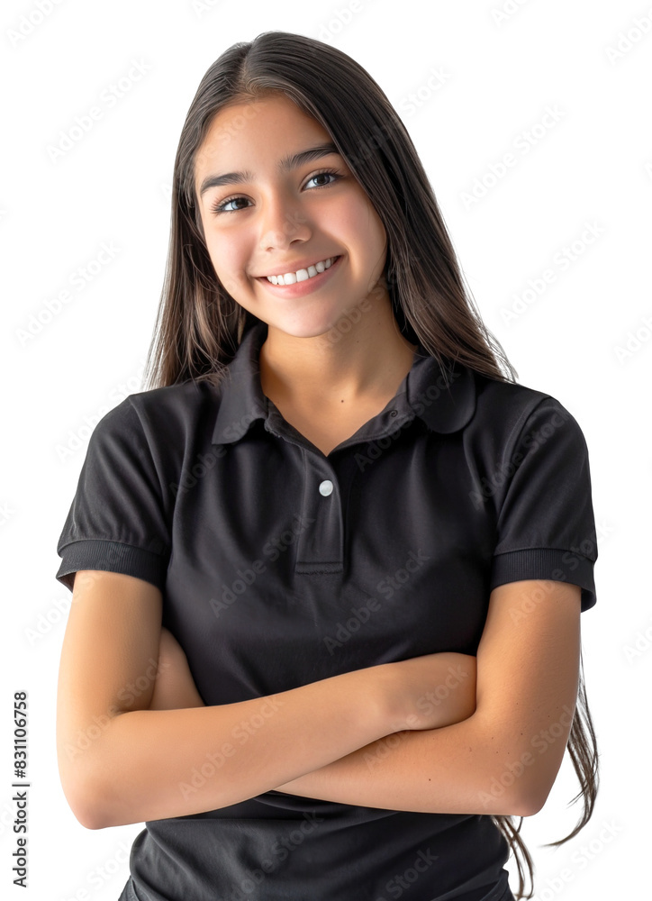Latin American teenage girl wearing black polo t-shirt uniform for work, posing with arms crossed over isolated transparent background Latin American teenage girl wearing black polo t-shirt uniform for work, posing with arms crossed over isolated transparent background