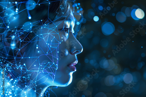 A woman gazes upward against a holographic networking cyber effect backdrop, surrounded by glowing virtual headset connections, Earth spheres, and luminous lines
