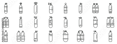 Diving cylinders icons set vector. A collection of various types of gas cylinders. Some are labeled with the letters J and J. The cylinders are all lined up in a row
