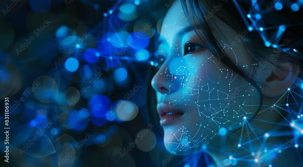 A woman gazes upward against a holographic networking cyber effect backdrop, surrounded by glowing virtual headset connections, Earth spheres, and luminous lines A woman gazes upward against a holographic networking cyber effect backdrop, surrounded by glowing virtual headset connections, Earth spheres, and luminous lines