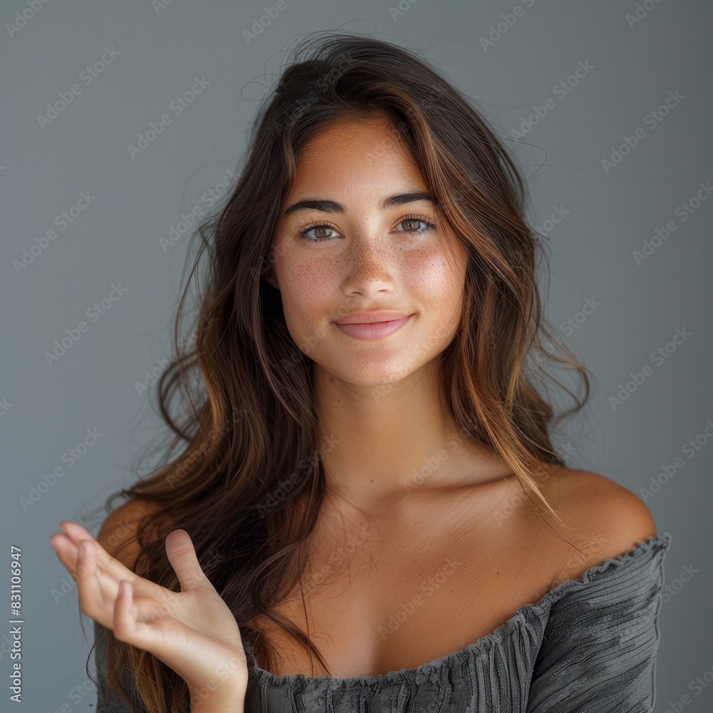 A beautiful young woman elegantly extends her hand, showcasing a blank palm that invites creative copy space. A beautiful young woman elegantly extends her hand, showcasing a blank palm that invites creative copy space.
