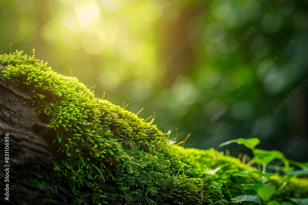 Lush green moss growing on a tree trunk, illuminated by soft sunlight in a tranquil forest setting, symbolizing natural beauty and serenity.