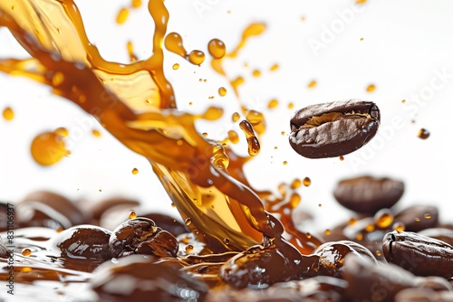 Liquid pouring over coffee beans up close photo