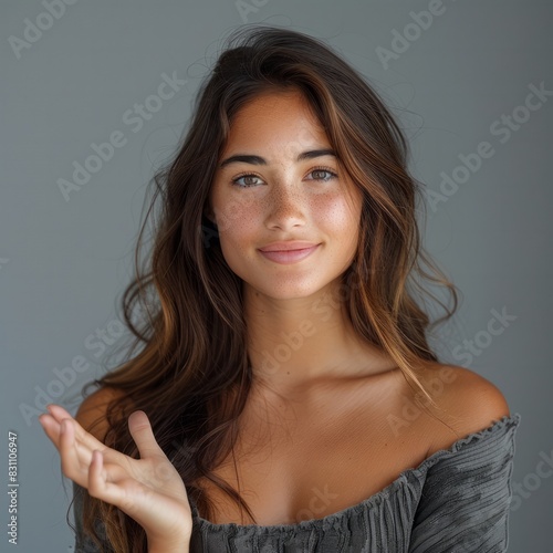 A beautiful young woman elegantly extends her hand  showcasing a blank palm that invites creative copy space.