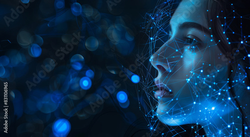 A woman gazes upward against a holographic networking cyber effect backdrop, surrounded by glowing virtual headset connections, Earth spheres, and luminous lines