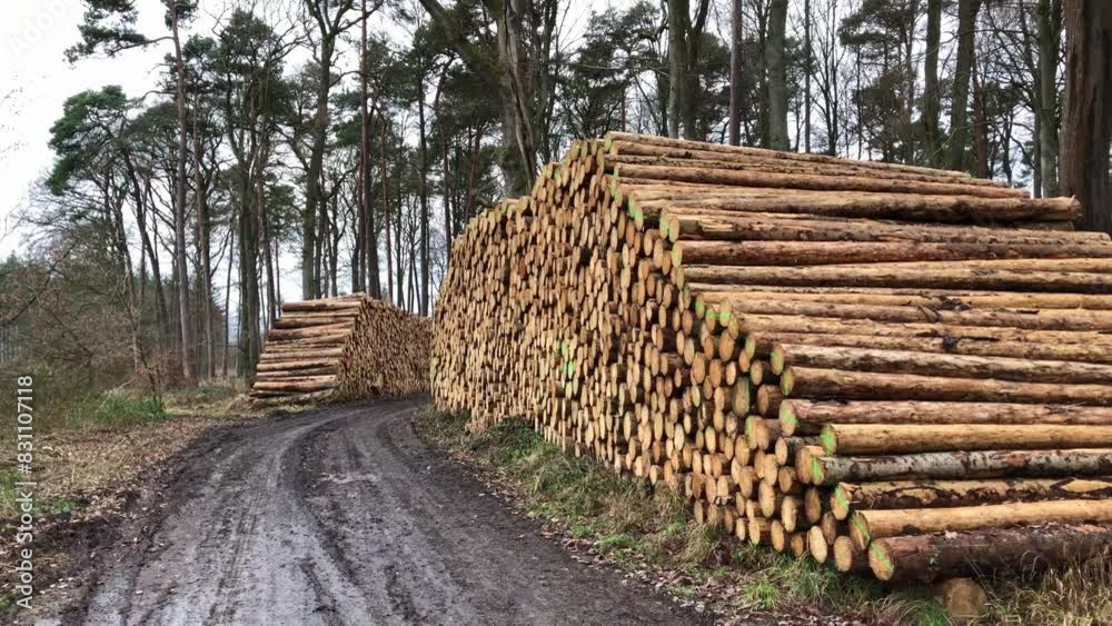 Stack of logs, heap of firewood, felled trees, deforestation in a forest, muddy road or footpath