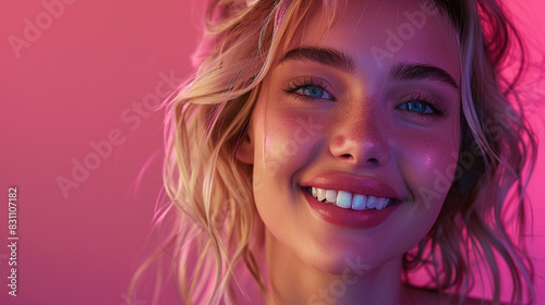 A realistic blonde woman with a bright smile, on a solid magenta background