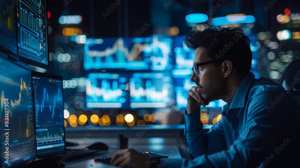 A man sitting at a desk with a computer, engaged in work or study. A man sitting at a desk with a computer, engaged in work or study.