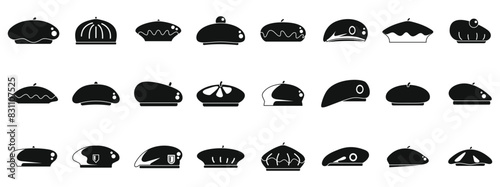 Beret icons set vector. A collection of hats in various styles and shapes. The hats are all black and arranged in a row