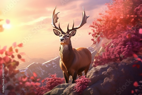 Majestic stag standing on rocky terrain surrounded by pink foliage during a vibrant sunset in a serene mountain landscape.