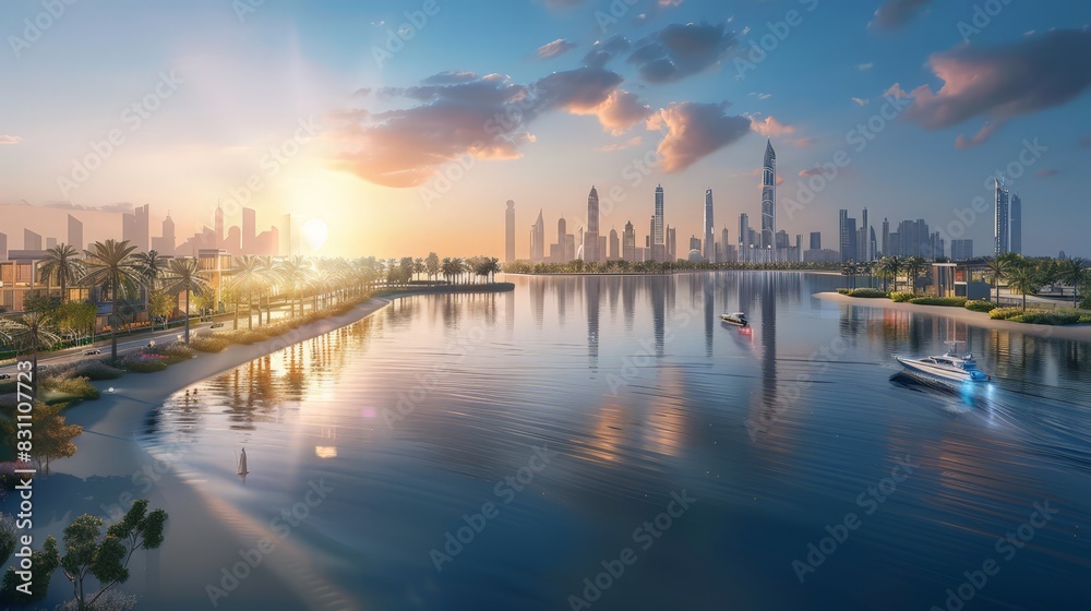 Design a visual representation of commitment to sustainability. Highlight initiatives like the Dubai Clean Energy Strategy, smart city projects, and green buildings.