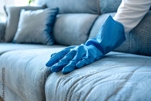 Person using blue gloves to clean blue couch photo