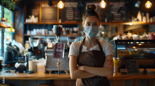 Coffee shop woman owner with face mask open after lockdown quarantine : Generative AI