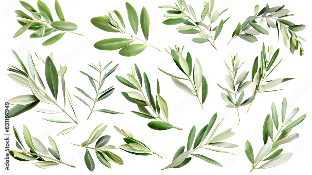 Naklejka premium Collection of Olive Branches in Various Poses Isolated on White Background. Realistic Botanical Illustrations. Perfect for Kitchen Decor or Mediterranean Cuisine. AI
