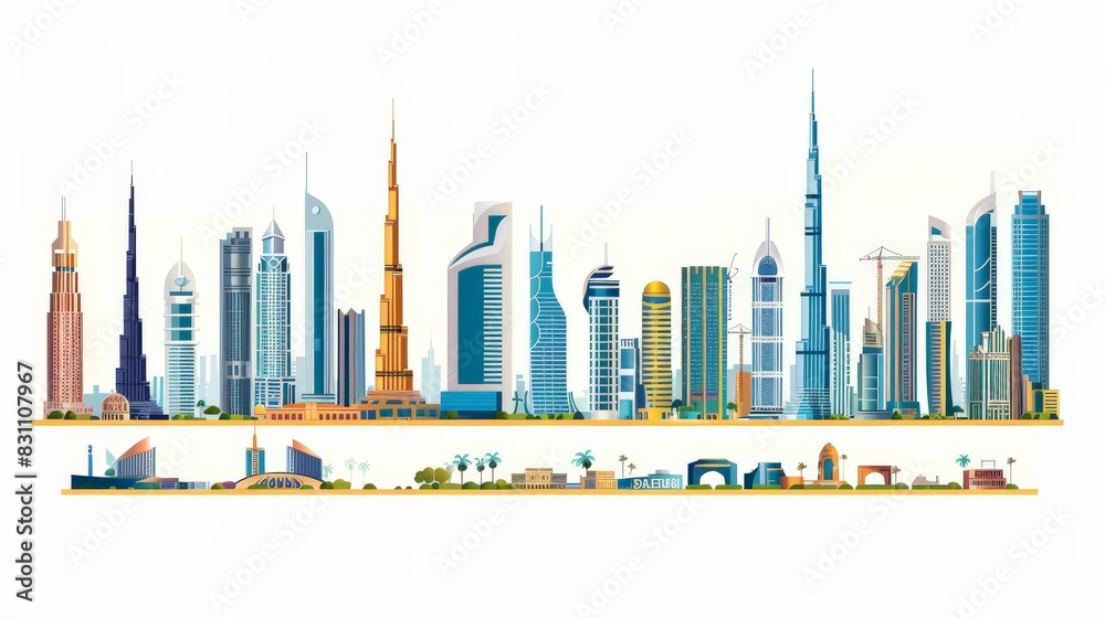 Design a visual representation of the different districts in Dubai. Highlight the unique characteristics and attractions of areas like Downtown Dubai, Dubai Marina, and Deira.