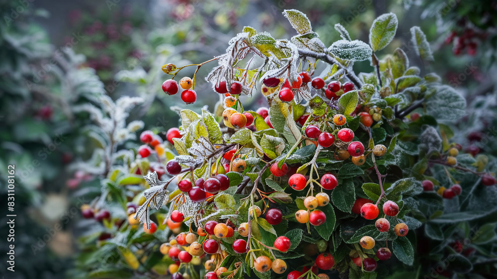 cranberry branches with berries in a swamp after frost