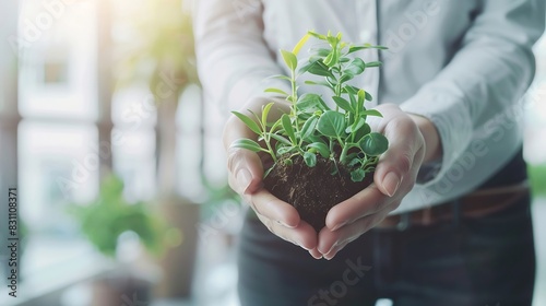 Business hands holding green plants together are the symbol of green business company agriculture and collaboration in a green business Ecosystem and Organization Development Cooperati : Generative AI photo