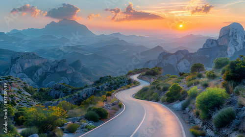 Rental car in spain mountain landscape road at sunset isolated on white background, vintage, png
 photo