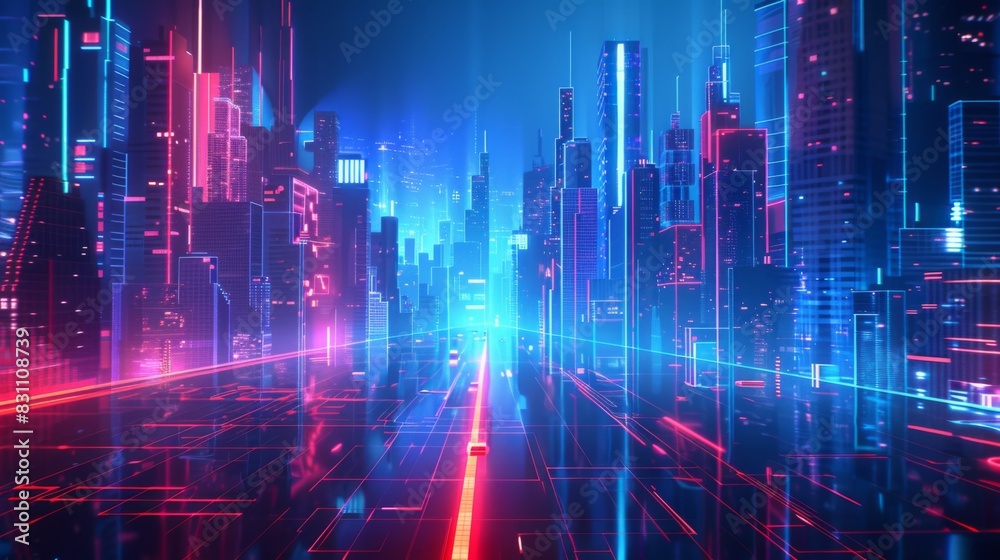 A cityscape with neon lights and a car driving down a road