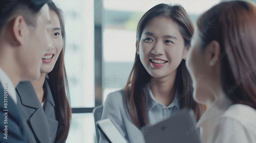 group of four happy young asian corporate people teammates meeting discussing business in office : Generative AI
