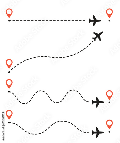 Set of airplane line route from start and finish. Flight with point to point.