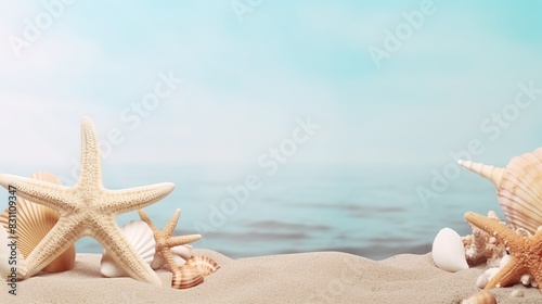 Serene beach scene with starfish and seashells on sandy shore under a blue sky, with gentle ocean waves in the background.