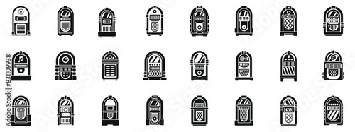 Jukebox icons set vector. A collection of vintage jukeboxes in black and white. The jukeboxes are all different shapes and sizes, but they all have a retro, nostalgic feel to them