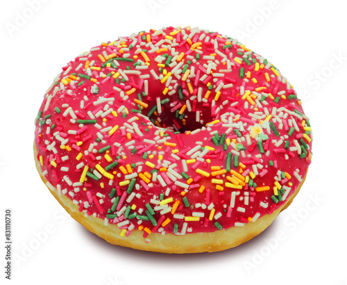 A colorful donat on a white background.