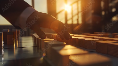 Close up of businessman hand Stopping Falling wooden Dominoes effect from continuous toppled or risk strategy and successful intervention concept for business : Generative AI