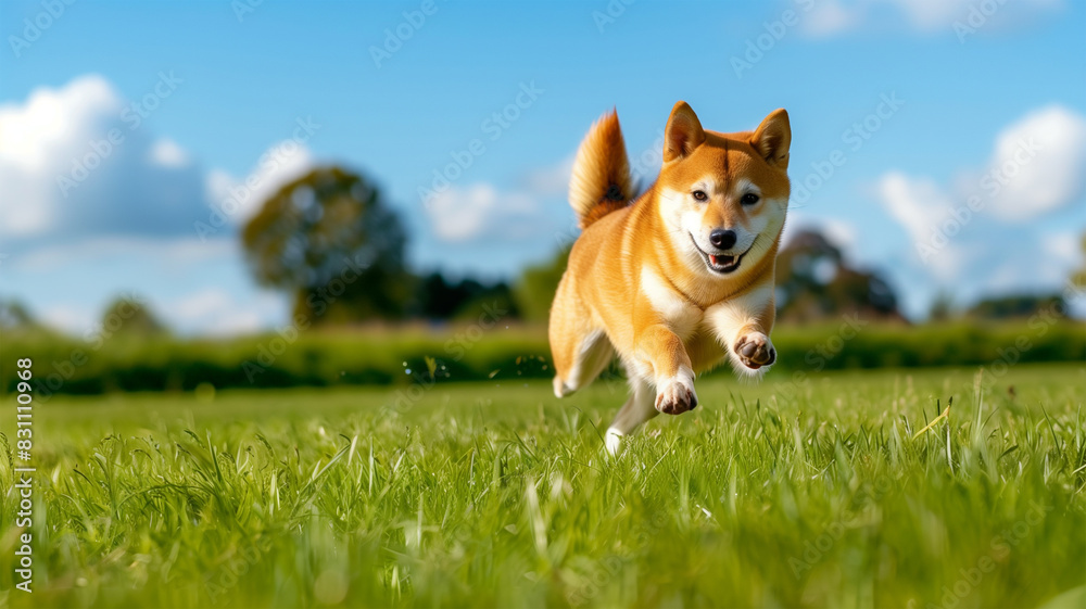 柴犬が広い芝生を駆け抜ける 柴犬が広い芝生を駆け抜ける