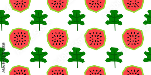 Seamless pattern with papercraft watermelons and leaves.