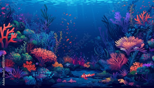 Underwater landscape. fish, algae and coral reefs are beautiful and colorful. background with sea vegetation and animals