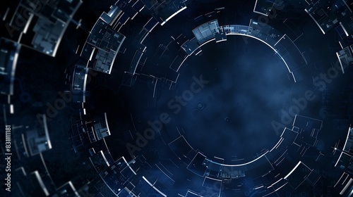 Technology-focused navy blue background with circular silver shards, photo