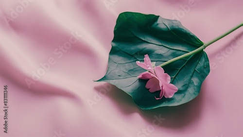 A green leave laying underneath a pink background with a flower