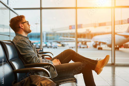 Young man sitting in the airport lounge zone, waiting for boarding, looking out of the window with airplanes in the background photo