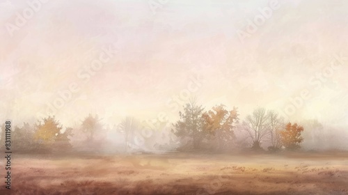 Pastel background of a foggy autumn morning with misty fields and distant trees. #831111988