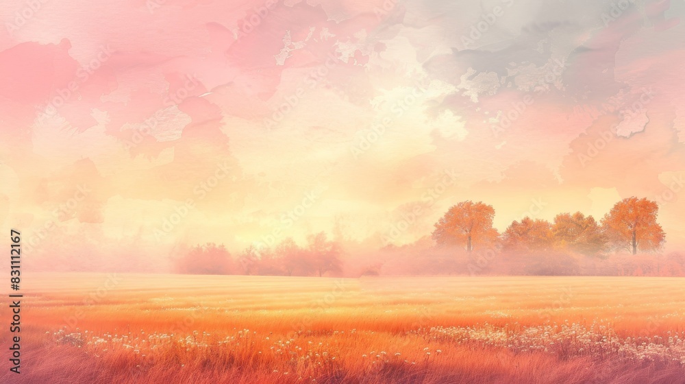 Pastel background of a foggy autumn morning with misty fields and distant trees.