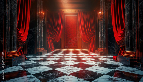 Opulent room with red curtains and marble columns. The image depicts a luxurious interior featuring dramatic red curtains, black marble columns, and a black and white checkered marble floor