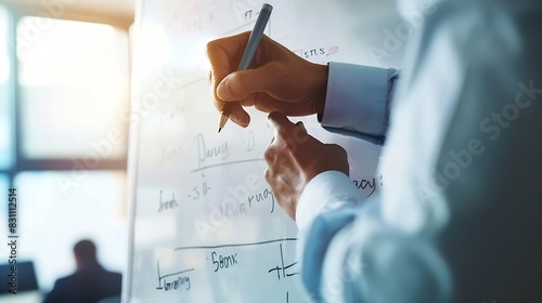 Cropped shot of businessman putting his ideas on white board during a presentation in conference room Focus in hands with marker pen writing in flipchart : Generative AI