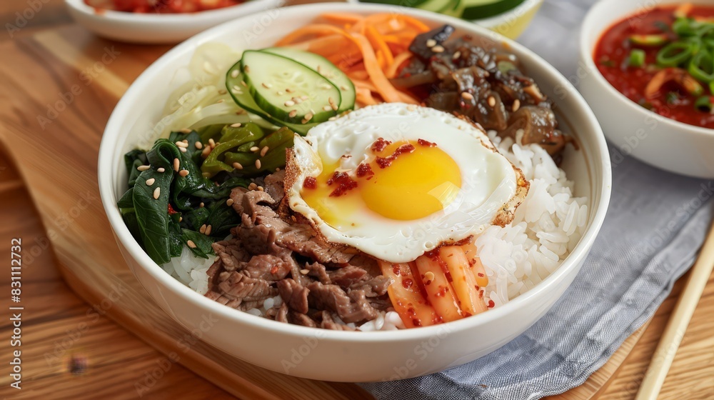 Enjoy the unique flavors of Korean cuisine with bibimbap, a bowl of warm rice topped with seasoned vegetables, sliced beef, a fried egg, and spicy gochujang sauce.
