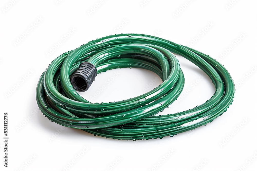 Close-up green hose, metallic fitting Close-up green hose, metallic fitting